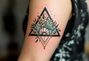 A black triangle filled with botanical linework in green and gold, combining geometry with growth located on the back of the head tattoo idea