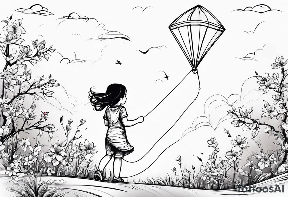 back image of a little girl flying a kite tattoo idea