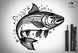 A small tattoo featuring a trout as the main theme, using only color combinations. Minimalistic, tatoo, in artistic or geometric design tattoo idea