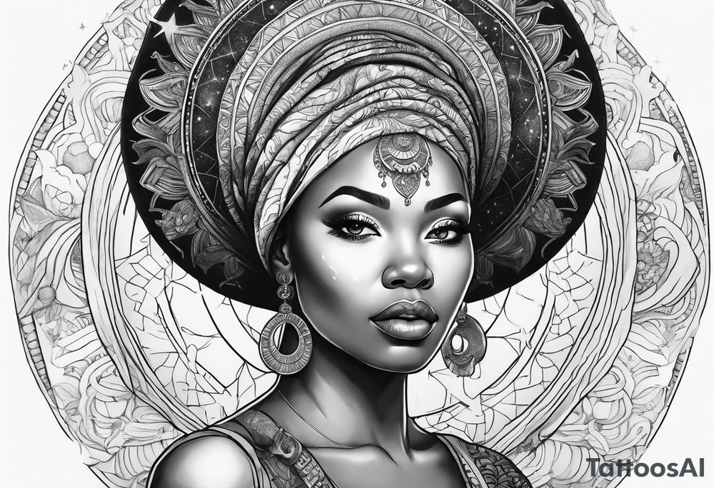 Black woman, enlightenment, wisdom, astronomy, cancer zodiac, natural, full arm tattoo idea