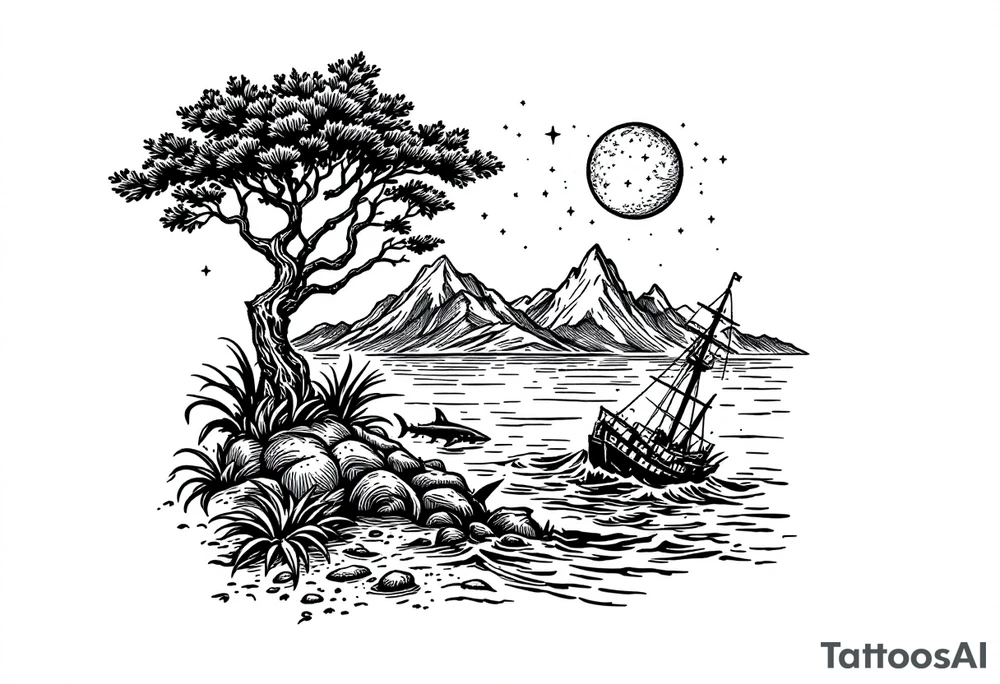 tattoo that has an acacia tree with mountains, ocean with a ship wreck with sharks and the northern star tattoo idea