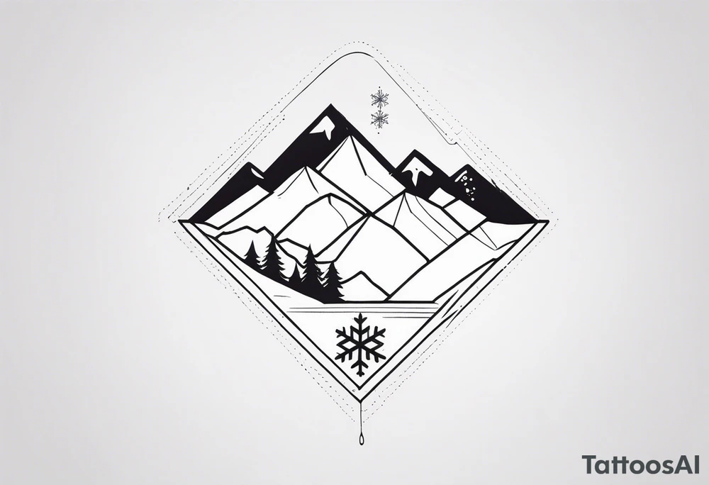 Small fine line tattoo of a snowboard with a snowflake and mountains in it tattoo idea