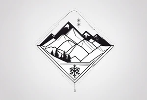 Small fine line tattoo of a snowboard with a snowflake and mountains in it tattoo idea