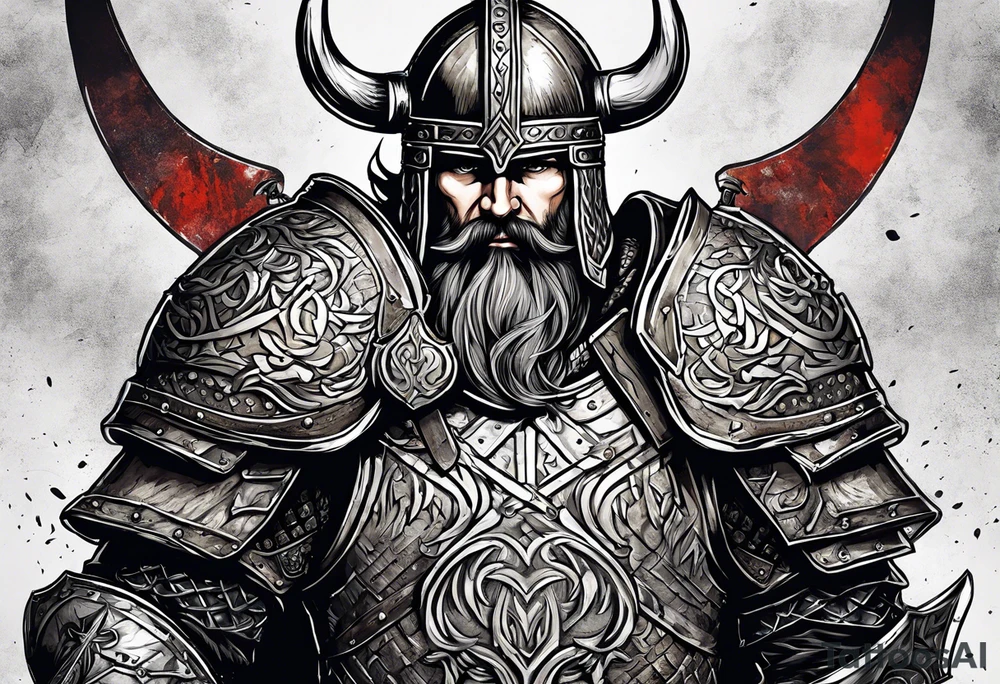 A viking in armor except the helmet on the brink of death pierced with arrows propping himself up with his sword on a seemingly bleak battlefield while still looking up with hope tattoo idea