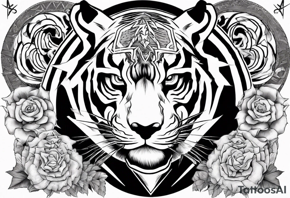 Ancient tiger with lightning and a sun for a forearm sleeve. With patterns surrounding it tattoo idea