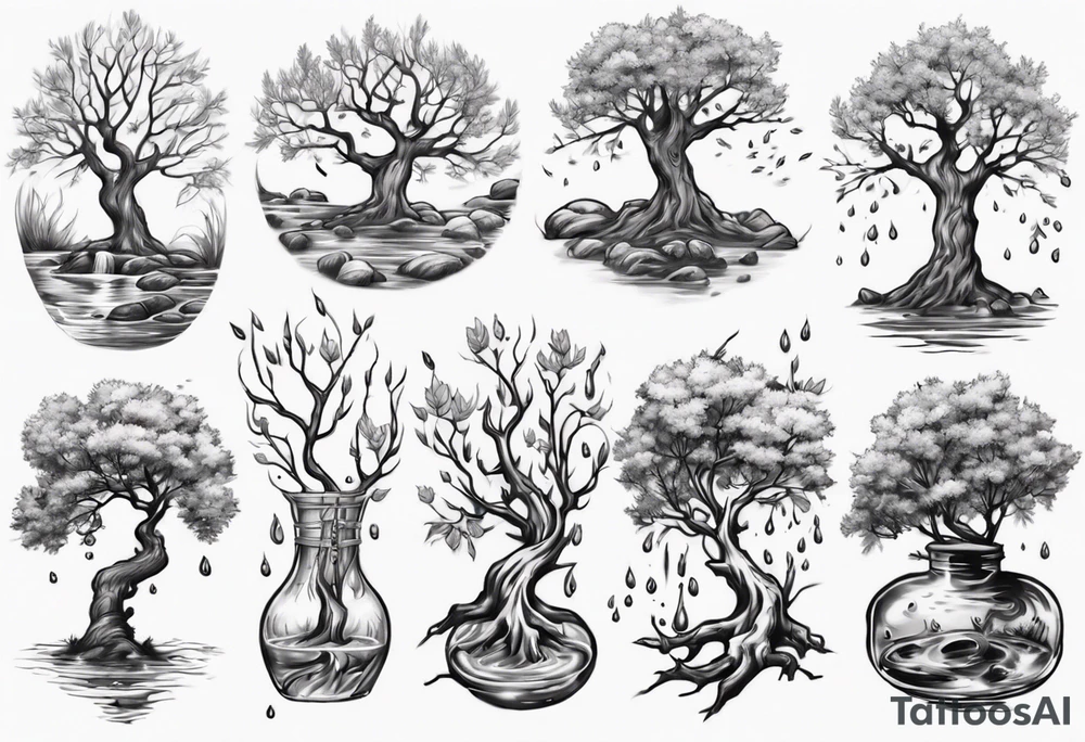 Small spring water and oka tree tattoo idea