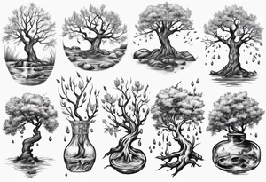 Small spring water and oka tree tattoo idea