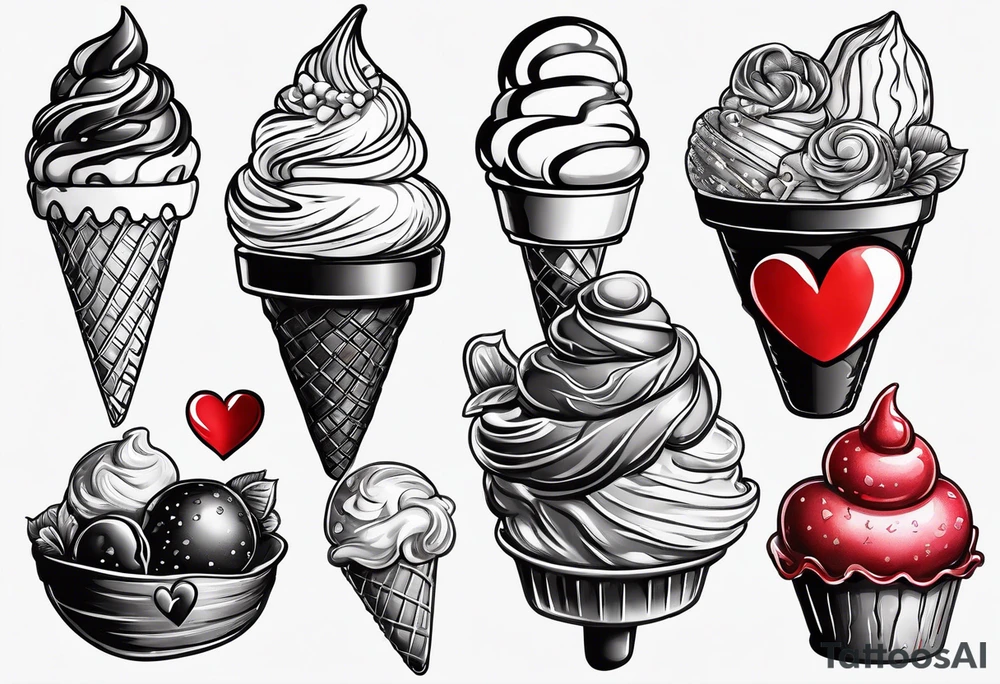 black and white ice cream cone with small red heart on it somewhere. tattoo idea
