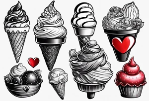 black and white ice cream cone with small red heart on it somewhere. tattoo idea