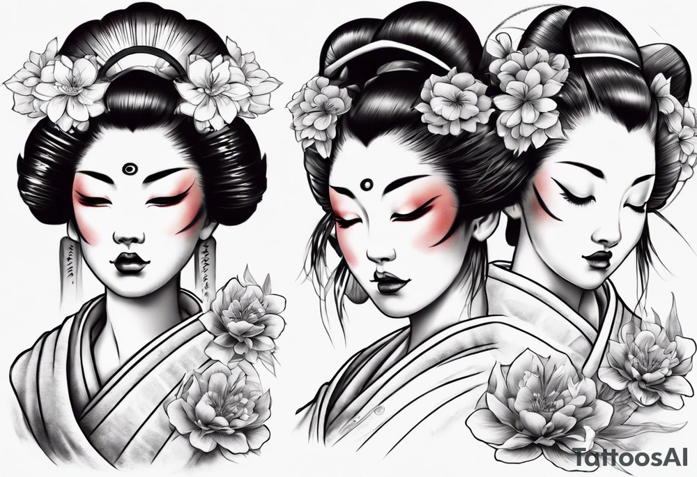 geisha face with two eyes closed and third realistic eye wide open tattoo idea