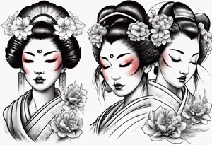 geisha face with two eyes closed and third realistic eye wide open tattoo idea