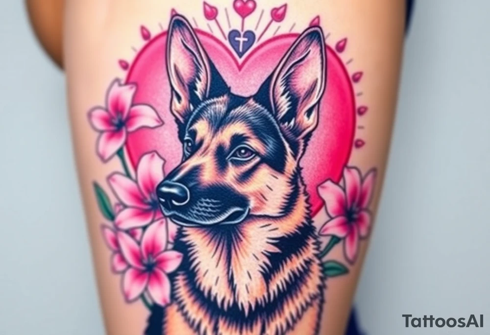 realistic german shepherd with alert ears looking protective surrounded by pink lilies with leaves in front of a sacred heart tattoo idea