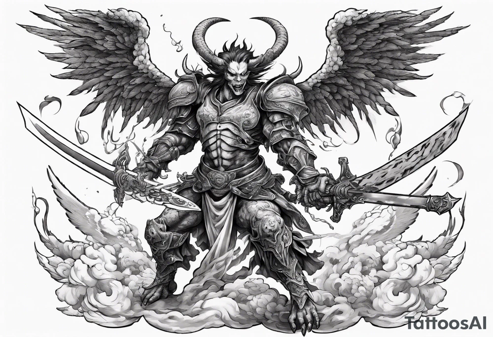 A demon angel wearing organic armor that is in mid-air with his two-handed sword behind them about to attack. tattoo idea