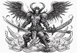 A demon angel wearing organic armor that is in mid-air with his two-handed sword behind them about to attack. tattoo idea