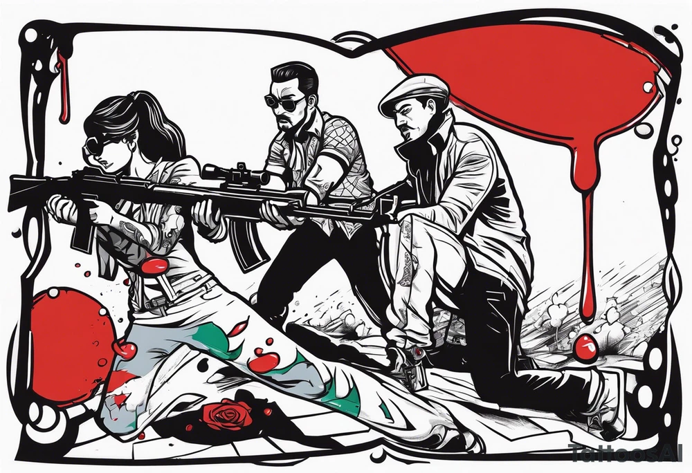 In the reflection of a eye crying blood two black siloets of people holding guns one man dead on the ground with a wounded woman standing behind him tattoo idea