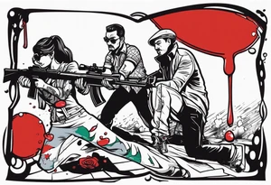 In the reflection of a eye crying blood two black siloets of people holding guns one man dead on the ground with a wounded woman standing behind him tattoo idea
