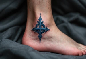 A navy blue bind rune formed from Norse protection runes, set against smoky gray shadows. tattoo idea