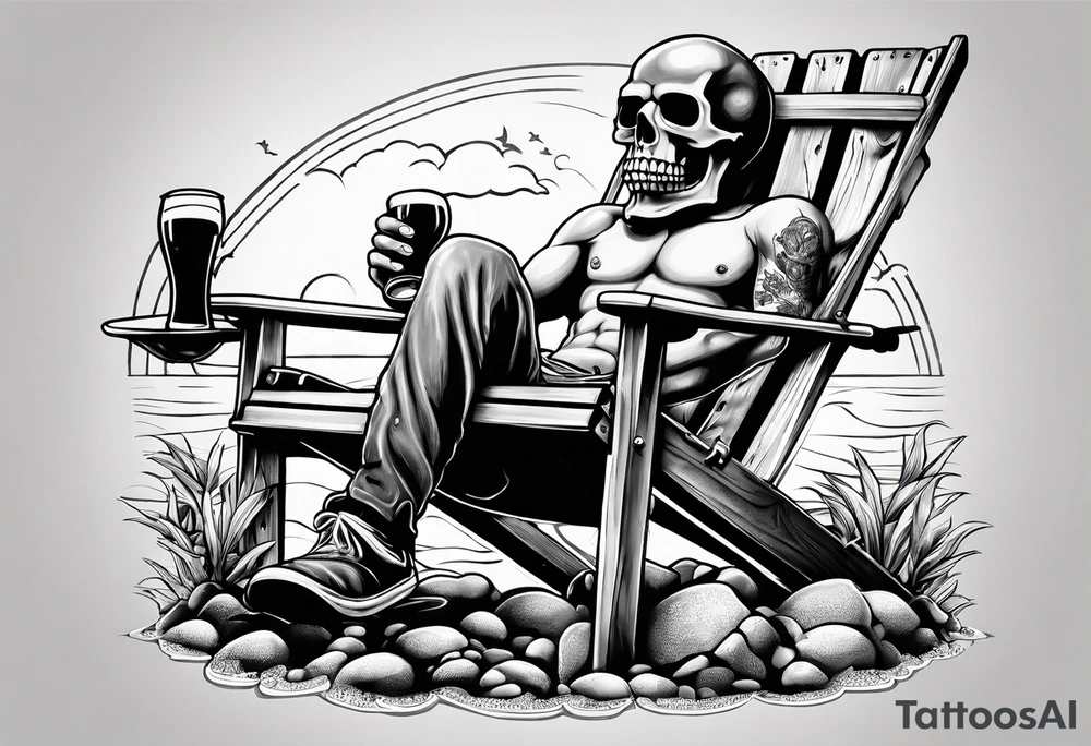 Skull smoke on the beach sitting in a beach chair with a beer in its hand tattoo idea