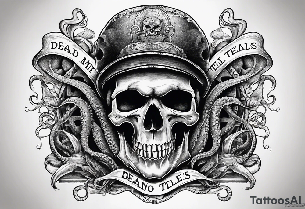 Skull with tentacles and text that  “Dead men tell no tales” tattoo idea