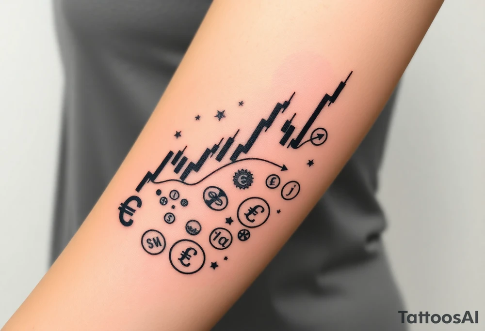 Create a unique tattoo design for a Forex trader. Include symbols of trading like a bullish candlestick chart, currency symbols (e.g., EUR, USD, GBP, JPY), and creative elements representing financial growth and strategy. The style should be minimalist black linework, modern and elegant, suitable for an arm or forearm tattoo.” tattoo idea