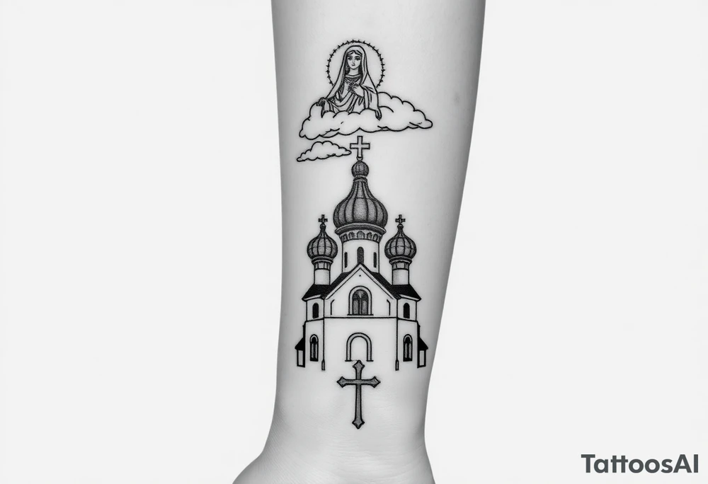 Russian Orthodox church with orthodox spire crosses, with clouds above it and a virgin mary seperately over looking sat above tattoo idea