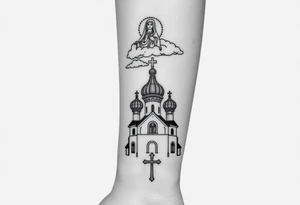 Russian Orthodox church with orthodox spire crosses, with clouds above it and a virgin mary seperately over looking sat above tattoo idea