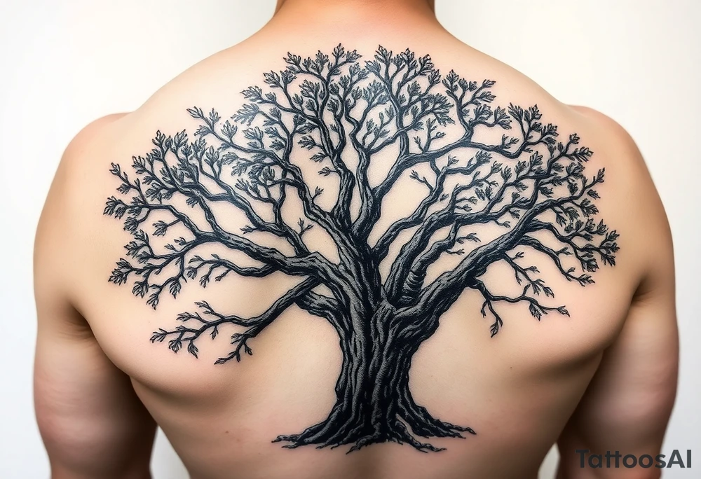 Live oak Tree with bark and leaves tattoo idea