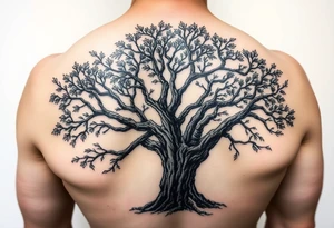 Live oak Tree with bark and leaves tattoo idea