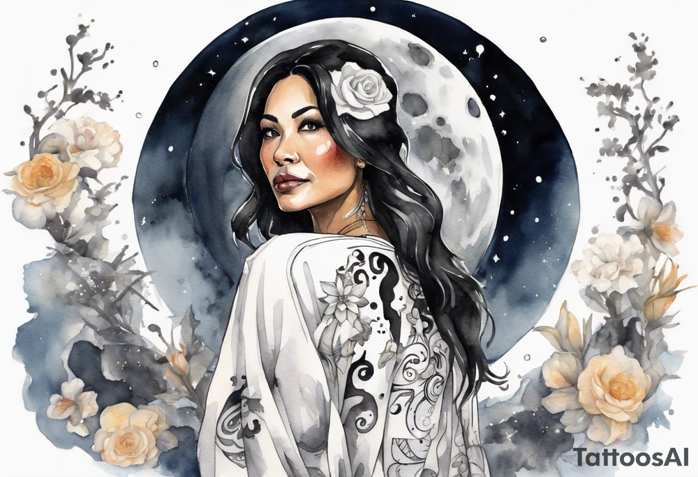 a watercolor of a beautiful 40-year-old latina woman wearing black and white robes standing on the moon tattoo idea