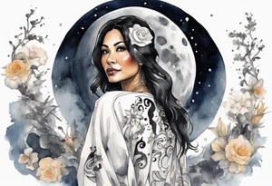 a watercolor of a beautiful 40-year-old latina woman wearing black and white robes standing on the moon tattoo idea