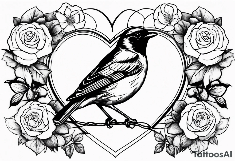 A real heart with a Robin inside surrounded by roses, likely of the valley and cosmos flowers tattoo idea