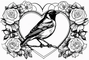 A real heart with a Robin inside surrounded by roses, likely of the valley and cosmos flowers tattoo idea