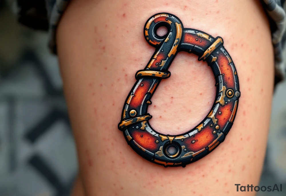 Rusty Hook – A rust-colored hook with some tarnished gold accents, giving it an aged and weathered appearance. The faded tones evoke memories of long fishing trips and old boats. tattoo idea