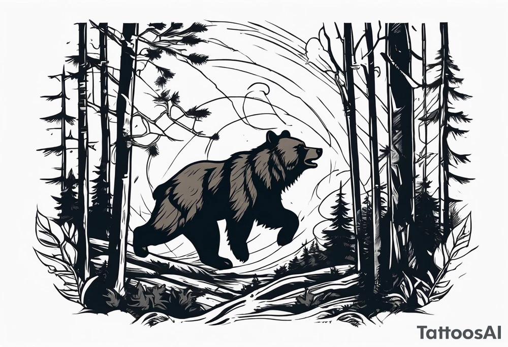 Hunter in the woods being attacked by a bear tattoo idea