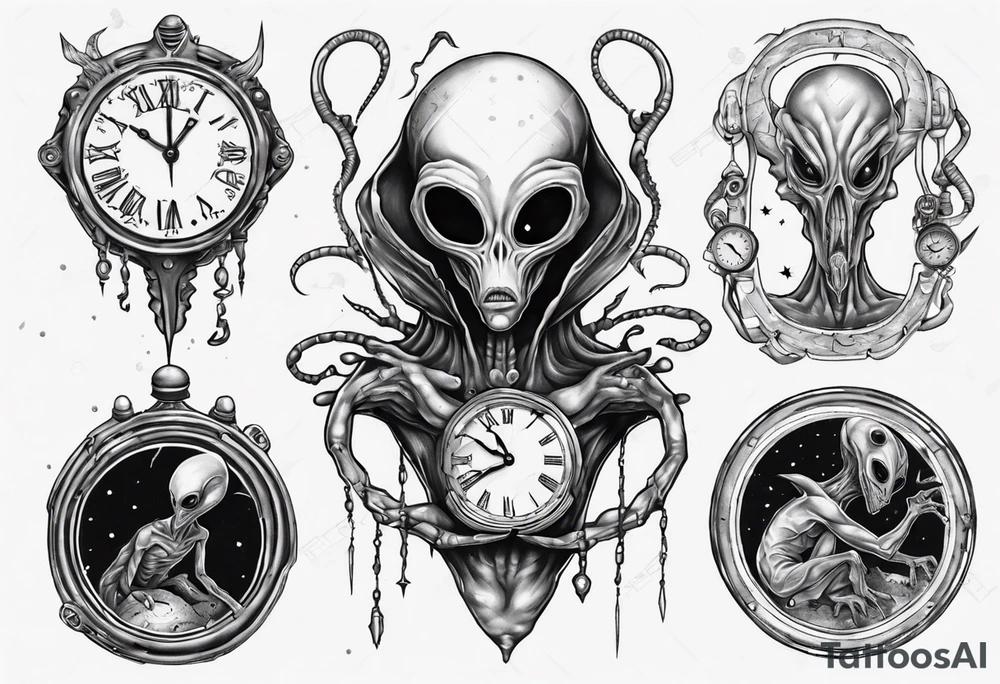 Alien holding a broken clock tattoo idea