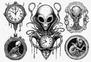 Alien holding a broken clock tattoo idea