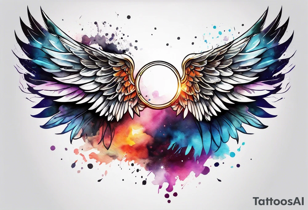 a pair of wings with a halo above them tattoo idea
