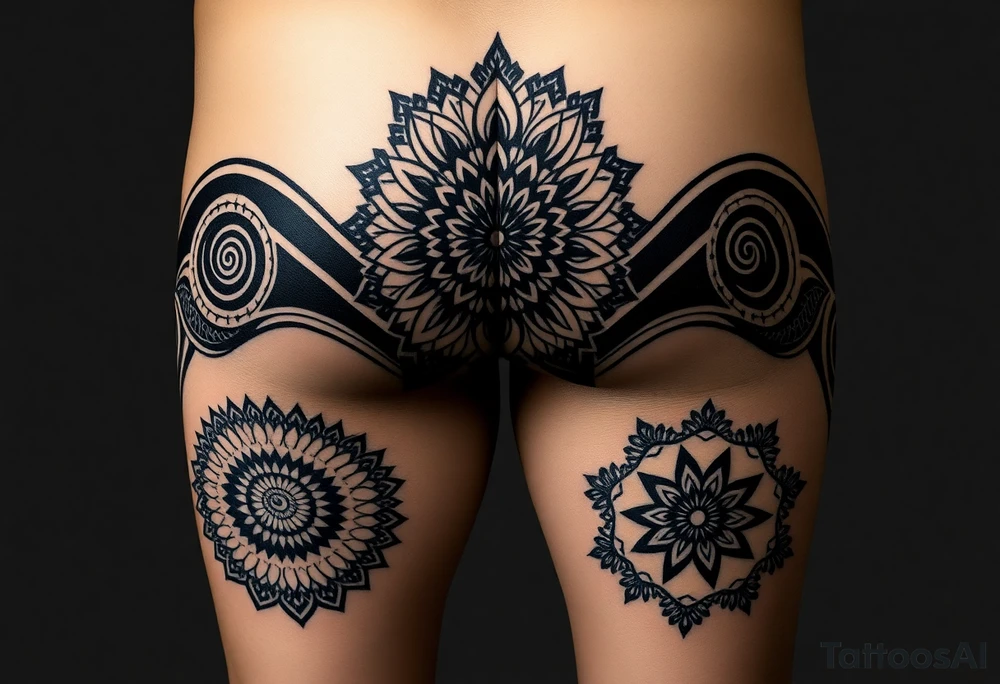 Blackwork geometric tattoo on male lower body, both thighs fully 
covered, buttocks and lower back, large central mandala on lower back 
flowing into glutes, double spiral motif on each buttock cheek, 
spiral black bands wrapping diagonally around thighs, alternating 
fill patterns per zone: dotwork floral geometry on outer thigh, 
hexagonal star patterns on inner thigh, massive black background 
areas, fine ornamental cutouts, seamless full coverage with no gaps, 
pure black ink, no grey wash, photorealistic tattoo photography, 
dark background tattoo idea