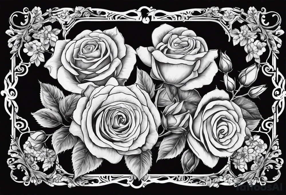 Vintage frame in the frame there are pictures of roses and baby’s breath flowers tattoo idea