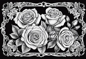 Vintage frame in the frame there are pictures of roses and baby’s breath flowers tattoo idea