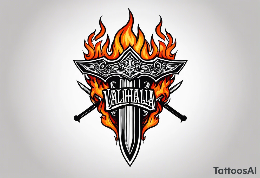 Valhalla on fire shield sword tattoo idea