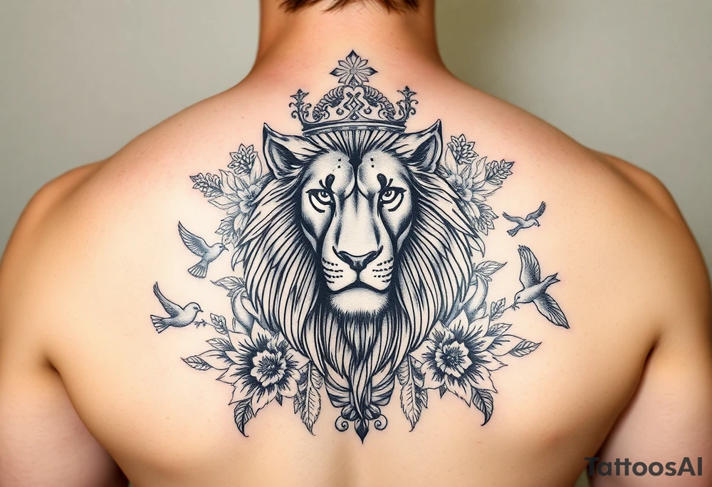 powerful majestic lion with a crown, surrounded by floral ornaments and birds tattoo idea