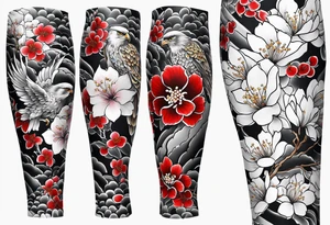 traditional horimono tattoo. 
leg sleeve with the following elements: hawk and cherry blossoms tattoo idea