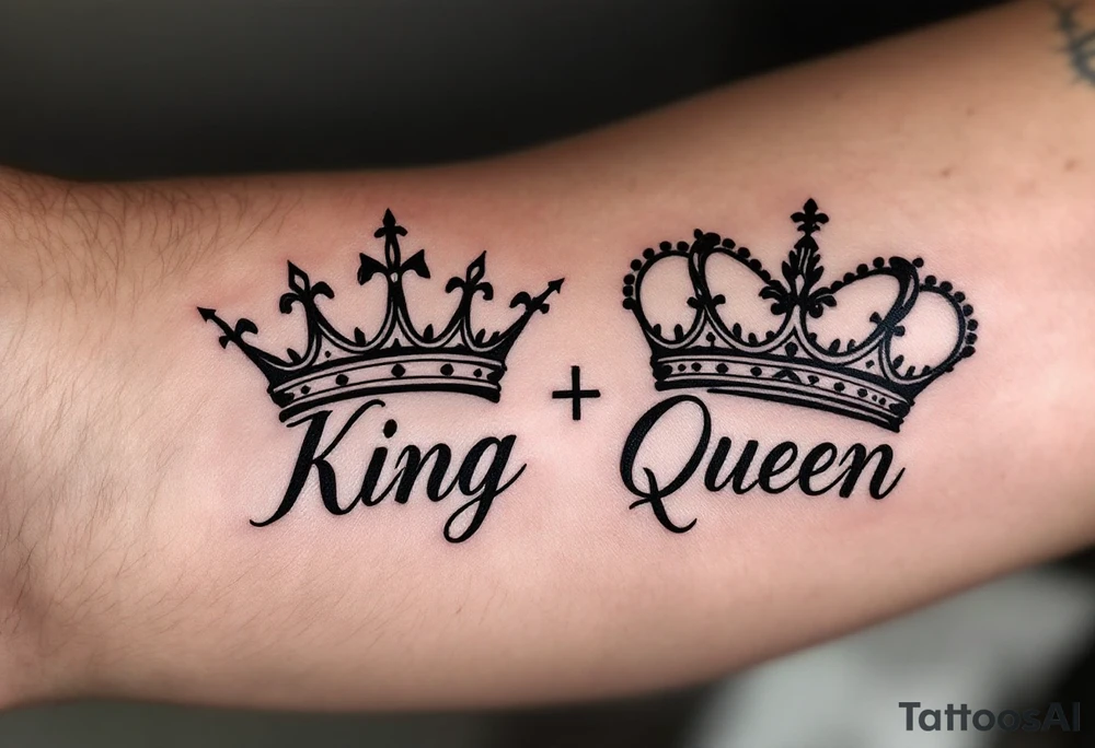 A minimalist black crown pair with the word "King" in bold script and "Queen" in elegant cursive, symbolizing unity in style. tattoo idea