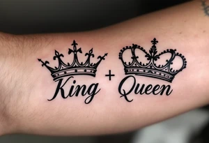A minimalist black crown pair with the word "King" in bold script and "Queen" in elegant cursive, symbolizing unity in style. tattoo idea