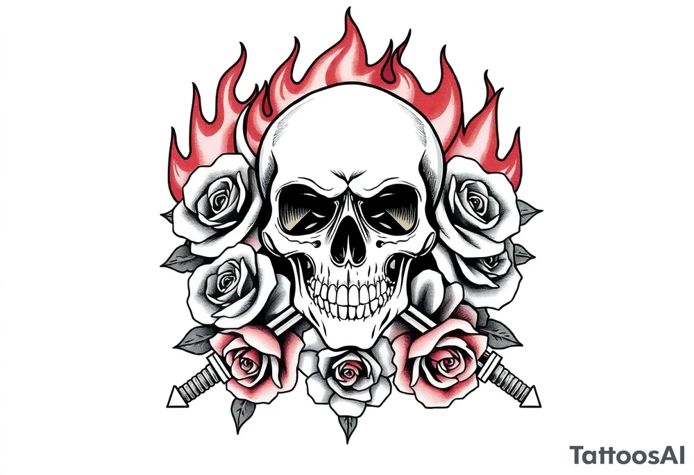 Skull engulfed in flames, crossed swords behind, blooming roses. tattoo idea