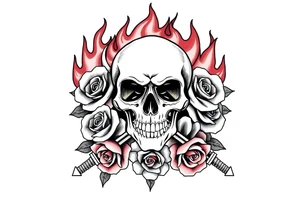 Skull engulfed in flames, crossed swords behind, blooming roses. tattoo idea