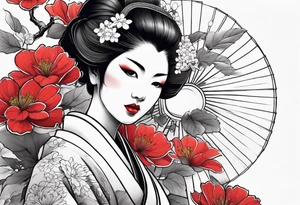 design of a geisha with a branch and a flower, asian style with color tattoo idea