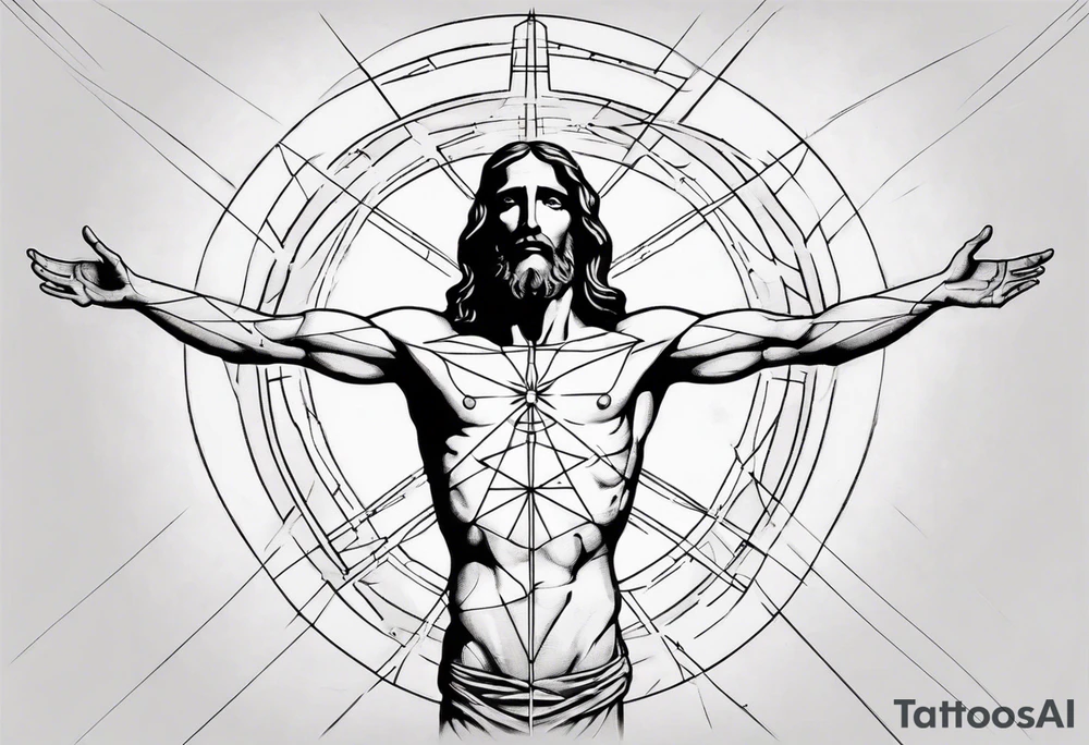 Geometric Vitruvian man with light lines in the background and Jesus on the cross in front tattoo idea