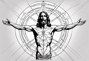 Geometric Vitruvian man with light lines in the background and Jesus on the cross in front tattoo idea